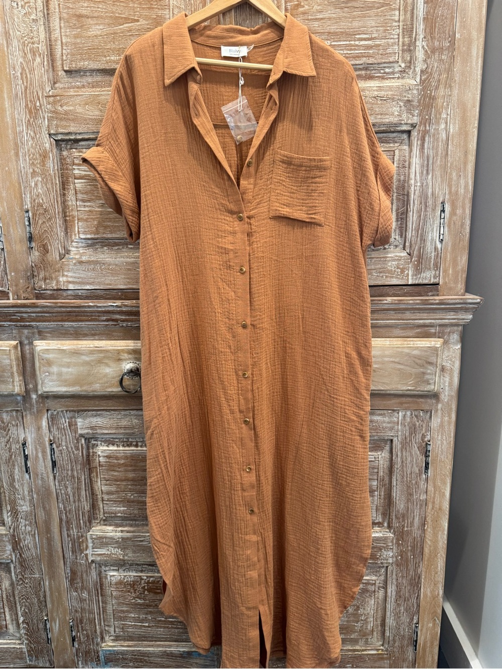 Bluivy Maxi Rust Collared Shirt Dress Cotton Button Up Casual Comfy LIGHTWEIGHT